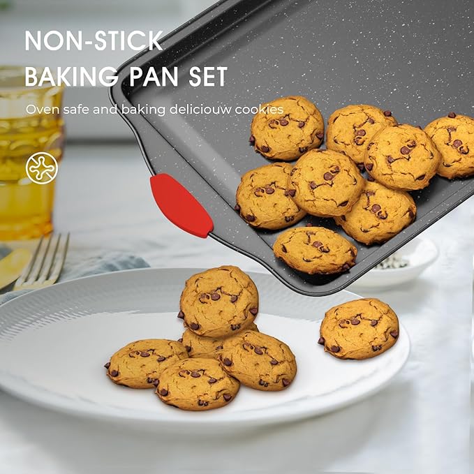 Slow Slog 11-Piece Nonstick Stackable Baking Pans Set, Toxin-Free Bakeware Sets, Baking Pan Set with Silicone Handles, Includes Cookie Sheets, Loaf Pan, Pizza Pan, Muffin Pan, Red&Black