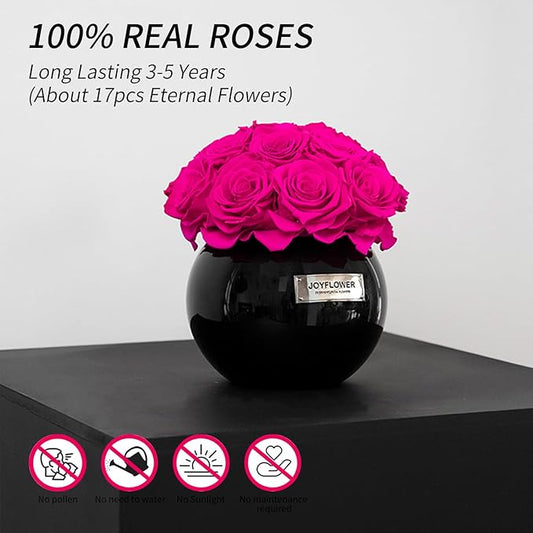 JoyFlower Preserved Flowers Vase Glass Decor, Eternal Flower Vases for Centerpieces, Forever Flower Decorations for Party Home Wedding Table Living Room Bedroom, Black Glass Vase House Decor(Fuchsia)