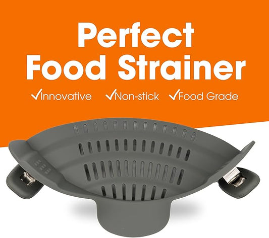 Cheer Collection Silicone Clip on Pot Strainer, Heat-resistant Snap-On Strainer for Pasta, Noodles, Rice, Meats and Vegetables, Gray