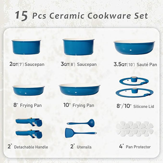 CAROTE 15Pcs Ceramic Cookware Set, Pots and Pans Set Non stick, Non Toxic Cookware Detachable Handle, Induction Cookware, Dishwasher/Oven Safe, RV/Camping, PFAS Free, Blue&Gold
