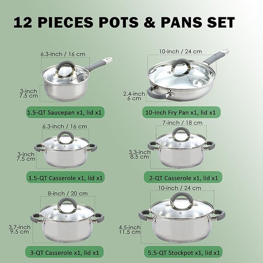 Cook N Home Kitchen Cookware Set, 12-Piece Basics Stainless Steel Pots and Pans Set with Gray Silicone Handle, Silver