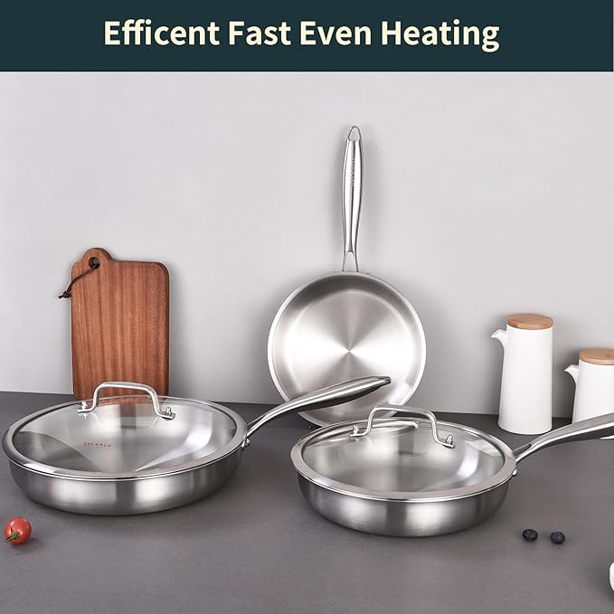 DELARLO Tri-ply Stainless Steel Frying Pan Set 8" 10" 12" With 3 Lid Induction large Skillets Chef's Pan,Pots and Pans Set Kitchen Cookware Set Suitable for All Stove