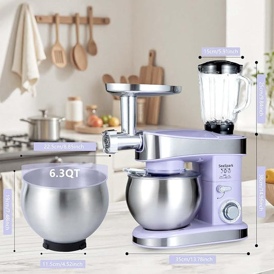 SeaSpark Multifunctional Stand Mixer, 6 in 1 Stand Mixer, 6.3Qt Tilt-head, Standing Mixer with Stainless Steel Bowl, Meat Grinder, Juice Blender, for professional Baking and Most Home Cooks, Purple