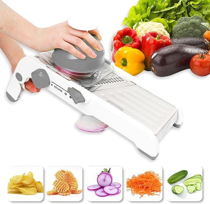 Large Mandoline Slicer for Kitchen - Professional Stainless Steel Onion Slicer & Cabbage Shredder, Integrated 2-in-1 Blade for Waffle & Smooth Cuts, Safety Hand Guard Included (Gray)