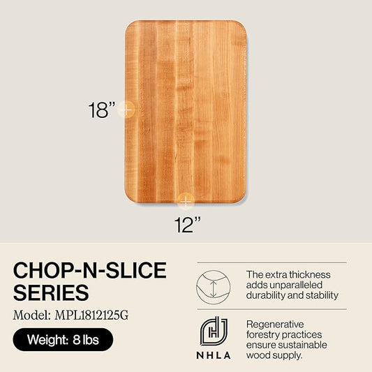 John Boos Chop-N-Slice Series Rectangular Wooden Maple Cutting Board 18”x12” – 1.25” Thick, 8-lb Reversible Butcher Block with Eased Corners, Edge-Grain & Finger Grips – Made in the USA