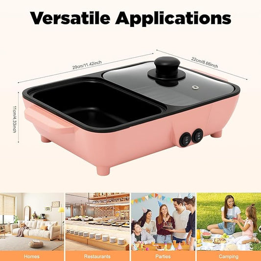 2-in-1 Electric Hot Pot with Grill, Non-Stick Dual Temperature Control Shabu Shabu Pan & BBQ Griddle for Indoor Outdoor Party, Frying, Boiling & Smokeless Cooking