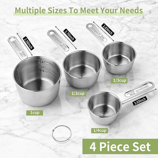 Measuring Cups 4 Pieces, Stainless Steel Measuring Cups, Stackable Design with Metal Handle for Dry and Liquid Ingredients, Ideal for Cooking & Baking