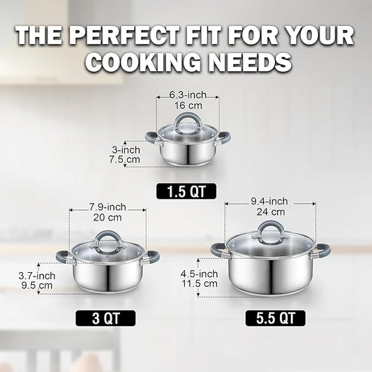 Cook N Home Stainless Steel Pot Set with Glass Lid, 6 Pieces Basics Cookware Set with Stay-Cool Silicone Handles, 1.5/3/5.5 Quarts Small Cooking Stock Pot Saucier Casserole