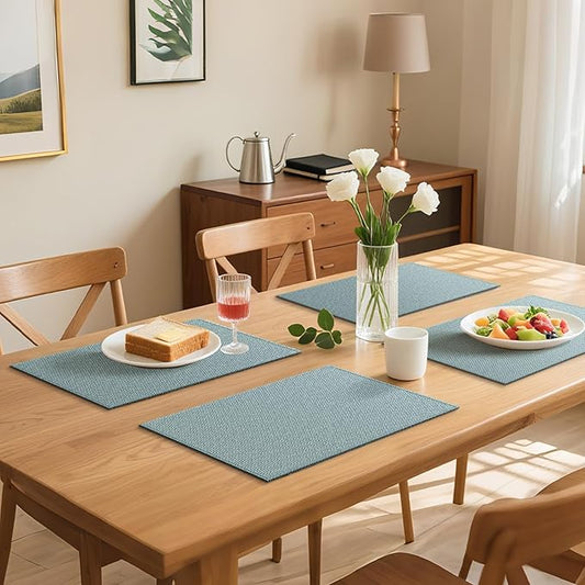 Blue Forest Placemats Set of 6, Dual-Layered Thickened Faux Linen Table Mats Heat Resistant Machine Washable Wrinkle Free Place Mats for Kitchen Dining Outdoor/Indoor (Sky Blue)