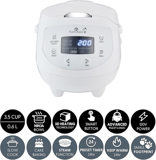 Yum Asia Panda Mini Rice Cooker With Ninja Ceramic Bowl and Advanced Fuzzy Logic (3.5 cup, 0.63 litre) 4 Rice Cooking Functions, 4 Multicooker functions, Digital LED display - 120V