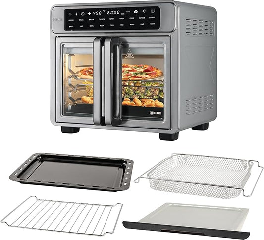 Kitchen Elite 26 Quart French Door Air Fryer Oven – Family Size Countertop Convection Cooker with LED Display, Stainless Steel