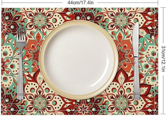 Mandala Placemats Set of 4 Vintage Bohemia Brown Turquoise Flower Art Printed Dining Table Mats for Restaurant Home Kitchen Holiday Picnic Party Decor 12x18in