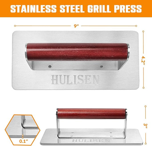 HULISEN Stainless Steel Bacon Press, 9 Inch Large Heavy Duty Burger Press with Wood Handle, Non-stick Grill Press for Griddle, Steak Weight Griddle BBQ Accessories for Panini, Sandwiches, Gift Package