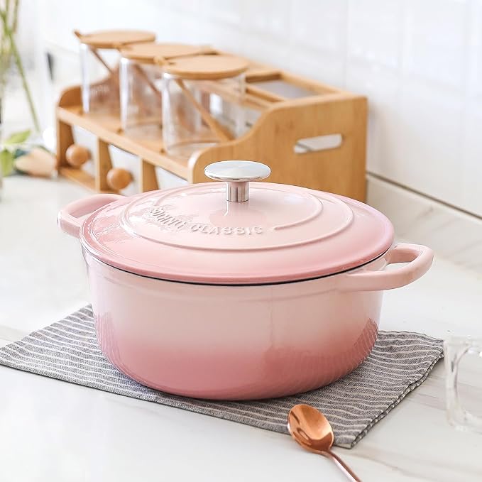 EDGING CASTING Enameled Cast Iron Covered Dutch Oven with Lid Round Pot for Bread Baking, 7 Quart, Pink