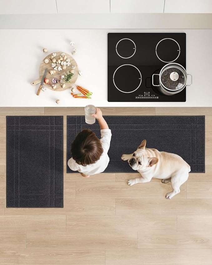 JSEI Kitchen Mats for Floor, Non-Slip Kitchen Rugs, Soft Washable Absorbent Kitchen Mats 2 PCS, Kitchen Runner Rug with TPR Backing, Polyester, 20"x32"+20"x48", Dark Grey