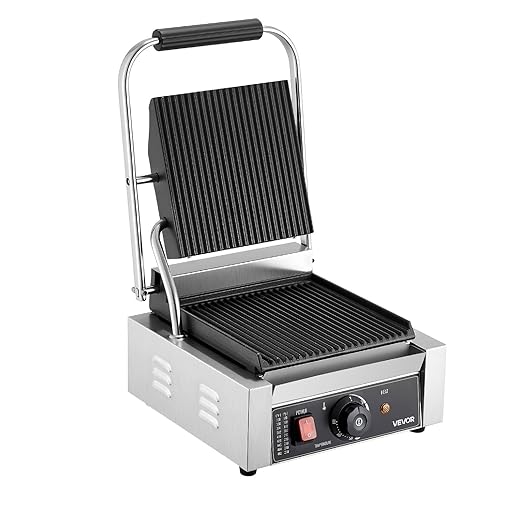VEVOR Commercial Panini Grill, 1800W Electric Sandwich Panini Maker, Stainless Steel Sandwichs Press Grill with Handle and Temp Control, 8.8x9 in Full Grooved Enamel Plate for Hamburger Steak Bacon