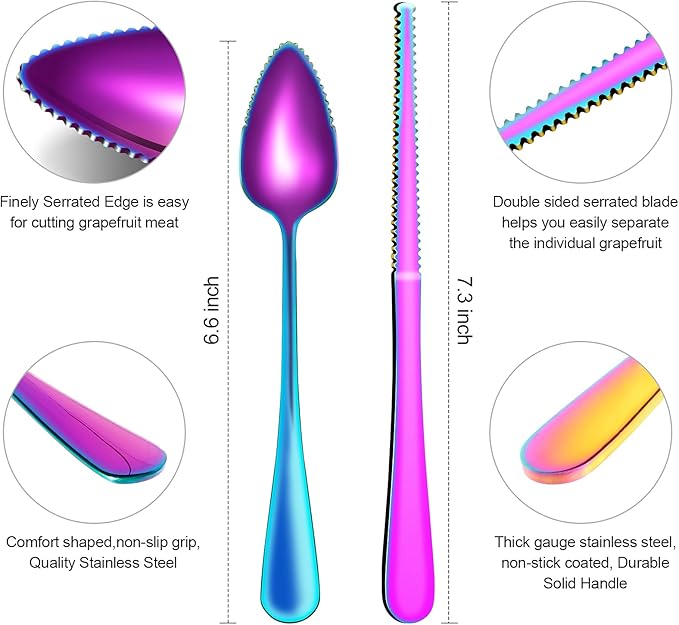 Grapefruit Spoons & Knife Set, Stainless Steel Utensils With Serrated Edge & Thick Gauge Handle, Rainbow Kitchen Tool, Non-stick Plating for Kiwi, Dessert, Apple (5 PCS)