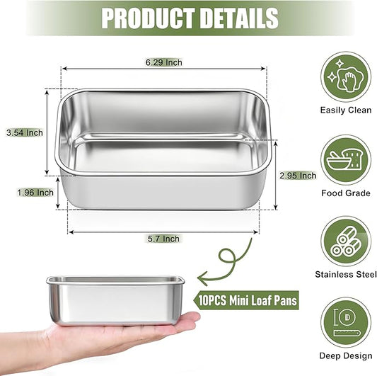 P&P CHEF Mini Loaf Pans Set, 10PCS Small Bread Loaf Pan for Baking, 6.3 x 3.5 Inch Stainless Steel Baking Pans for Homemade Bread, Meatloaf, Cake and Brownies, Healthy & Non Toxic, Dishwasher Safe