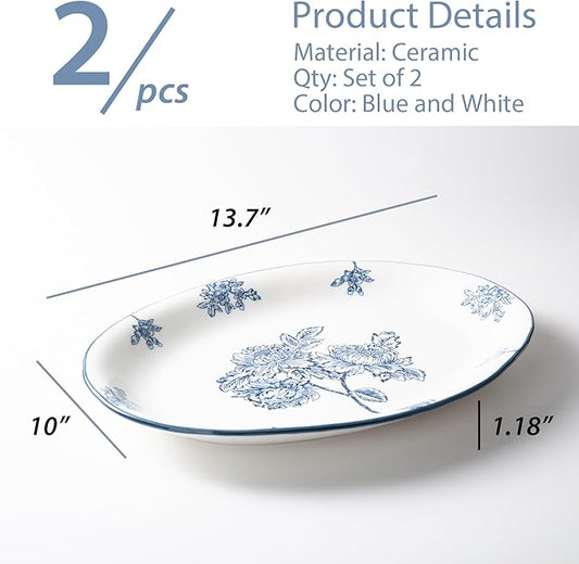 Ceramic Serving Platter, 13.7 Inch Large Oval Serving Trays, Dinner Plates, Dish Set for Dessert Appetizers Meat/Entertaining/Party, Blue and White, Set of 2