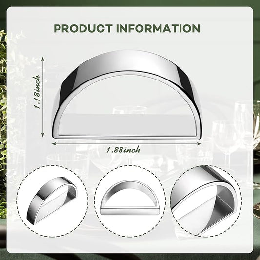 8 Pcs Stainless Steel Napkin Rings Metal Napkin Ring Holders Easter Modern Serviette Buckles Metallic Adornment for Spring Table Kitchen Dinner Party Wedding(Bright Silver Semicircle)