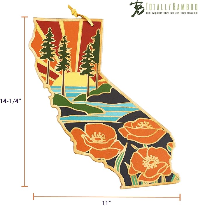 Totally Bamboo California State Shaped Cutting Board and Charcuterie Serving Platter with Artwork by Summer Stokes, Includes Hang Tie for Wall Display 11" x 14-1/4" x 5/8"