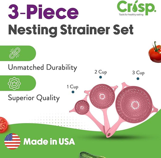 Crisp 3 Piece Nesting Strainer Set - Plastic, Durable Kitchenware, Dishwasher Safe - Made in the USA - Pink