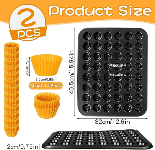 2 Pcs 48-Cup Mini Muffin Pans with 1000 Paper Cupcake Liners, Carbon Steel Nonstick Small Cupcake Pan, Round Mini Muffin Tin for Baking, Dishwasher Safe