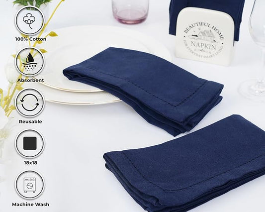 Blue Needles Set of 6 Hemstitch Linen Napkins 100% Cotton Navy Blue Cloth Dinner Napkins 18x18 inches, Soft, Reusable, Absorbent, Washable, Ideal for Wedding Events, Parties & Everyday Use