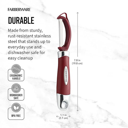 Farberware Euro Peeler, a Kitchen Essential for Quick and Easy Peeling of Produce, Chocolate, Cheeses and More, Features Hang-Hole for Easy Storage, Dishwasher Safe, Red