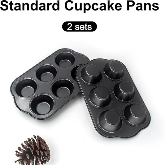 Bakexcel Non-Stick Standard Muffin Pans, 2.95" 6-Cup Set of 2 Baking Pans, Heavy Duty Carbon Steel Tins for Standard Muffins & Cupcakes