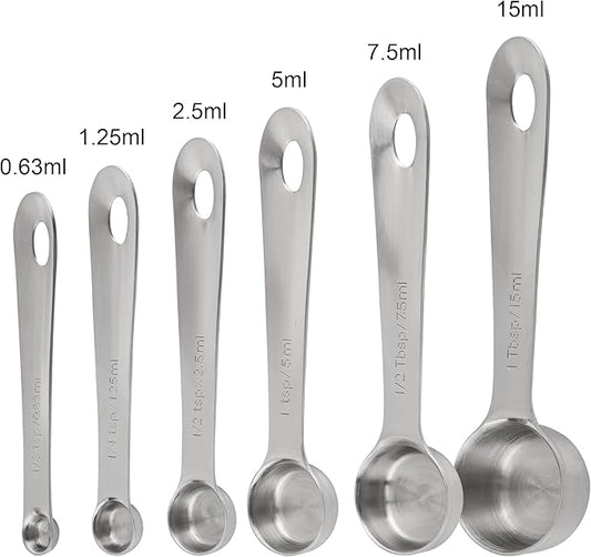 Measuring Spoons Set 6 with Flat Bottom, 18/8 Stainless Steel Measuring Spoons Set for Dry & Liquid, Metric & US Markings Measuring Tools for Kitchen & Baking