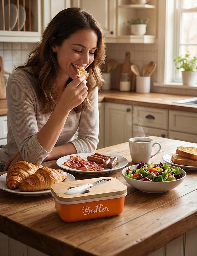 Butter Dish, Butter Dish with Lid for Countertop,Metal Butter Keeper with Stainless Steel Multipurpose Butter Knife, Large Butter Container with quality Silicone Good Kitchen Gift,Orange