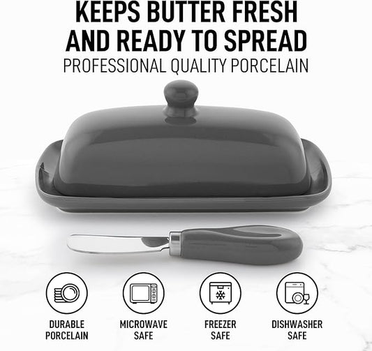 Zulay Butter Dish With Lid For Countertop - Porcelain Gray, Ceramic Butter Dish with Knob Handle Great for Cooking - Elegant Design Butter Holder - Durable & Sturdy Butter Keeper - Gray