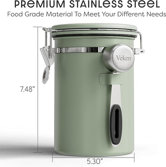 Veken Coffee Canister with Window, Easter Gifts Airtight Stainless Steel Container with Lids, Home Kitchen Food Storage Jars for Grounds, Beans, Tea, Flour, Cereal, Sugar, Basket, Scoop, 22OZ, Green