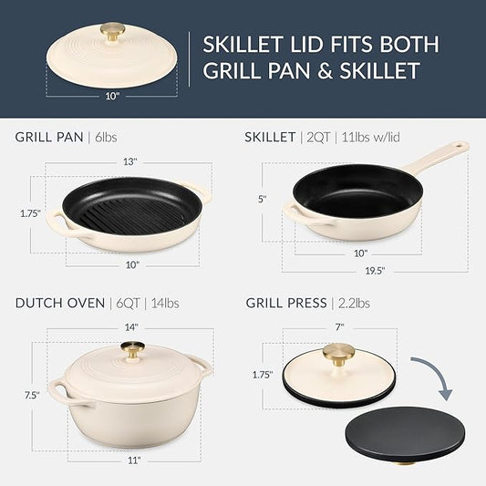 Best Choice Products Non-Stick Pot & Pan Cookware Set, Cast Iron, 2Qt Skillet W/Lid, 10" Grill Or Griddle Pan W/Press, 6Qt Enameled Dutch Oven, Non-toxic, For Cooking & Grilling - Vanilla