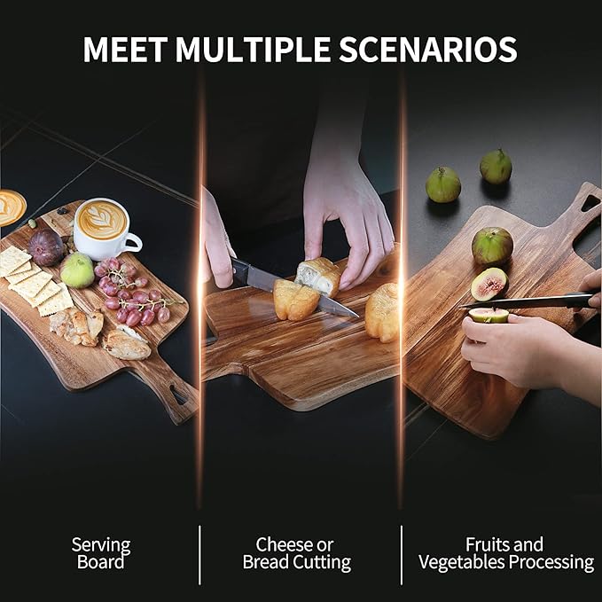 YSTKC Acacia Wood Cutting Board with Handle 14" x 8.5" Inch, Wooden Serving Tray, Charcuterie Paddle, Cutting Serving Versatile Board for Meat, Cheese, Vegetables, Bread, and Charcuterie