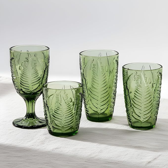 Green Drinking Glasses Set of 8, 10 oz Handcrafted Deep Textured Glass Cups, Retro Colored Drinkware for Water & Cocktails, Decorative Vintage Glassware, Everyday Use & Entertaining Artisan Gift Set