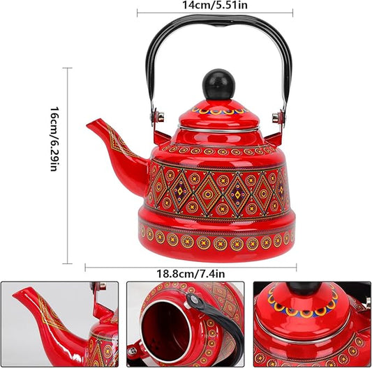 1.1L Arab style Vintage Tea Kettle,Enamel Tea Kettle with Handle,Enameled Teapot Stovetop,Hot Water Kettle for Home Kitchen Decor, No Whistling (Red)