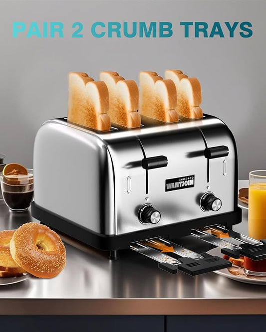 WantJoin Commercial 4-Slice Toaster, 1800W 225 Slices/Hour with 1.57 Inch Wide Slots, 6-Level Setting & Removable Crumb Tray, Stainless Steel for Restaurant Breakfast (Bread, Bagels)