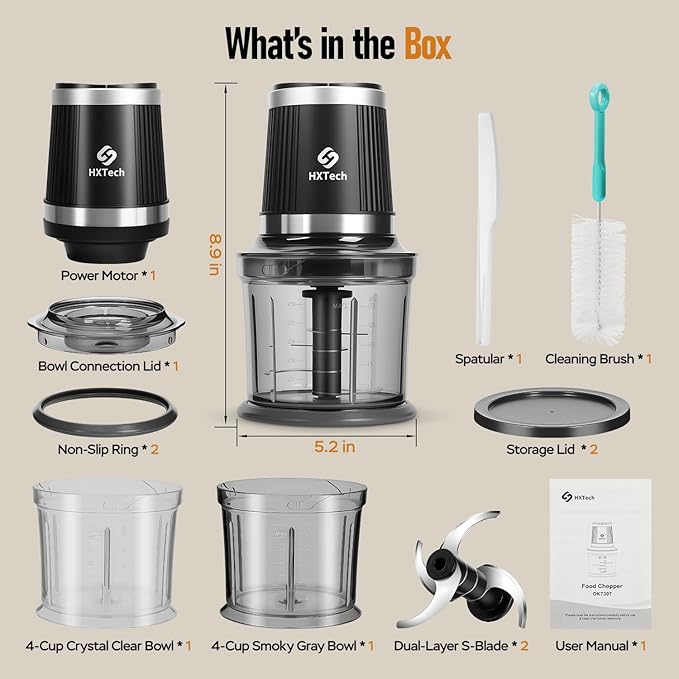 HXTech Food Processor, Electric Food Chopper with 2 Bowls (2 × 4 Cup) & 2 Dual-Layer S-Blade Sets, Meat Grinder & Vegetable Chopper for Meat, Onions, Garlic, Nuts, Salad & Baby Food