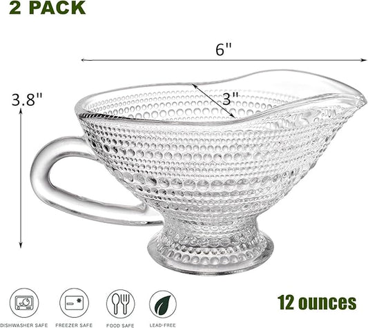 ZOOFOX 2 Pack 12 oz Glass Gravy Boat, Crystal Gravy Bowl with Easy-Pour Spout and Handle, Vintage Embossed Serving Dish for Sauces, Dressings, Creamer, Thanksgiving, Christmas or Holiday Dinner