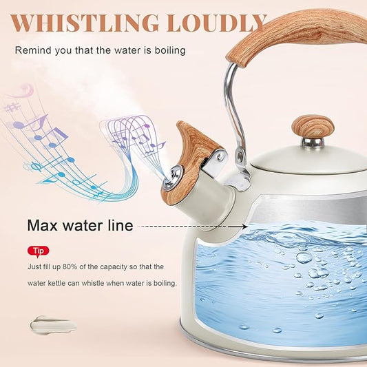 GGC Tea Kettle for Stove Top, 85OZ/2.6QT Whistling Tea Kettles for Boiling Water Milik or Coffee, White Stainless Steel Tea Pots with Wood Pattern Folding Handle, Thumb Design Control Kettle Outlet