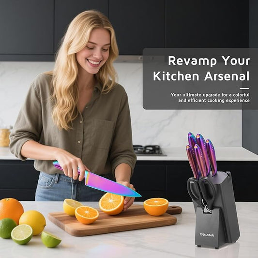 WELLSTAR Rainbow Knife Set 8 Pieces, Iridescent German Stainless Steel Kitchen Knives Set with Wooden Block, Colorful Titanium Coating, Chef’s Knife Block Set with Scissors and Built-in Sharpener