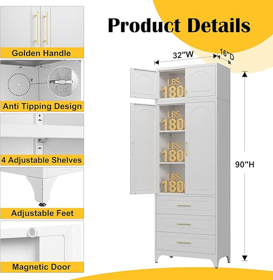 Kitchen Pantry Cabinet,90" Storage Cabinets with Doors and Shelves,Metal Pantry Cabinet with 3 Drawers,White Kitchen Cupboard for Livingroom,Pantry, Bathroom