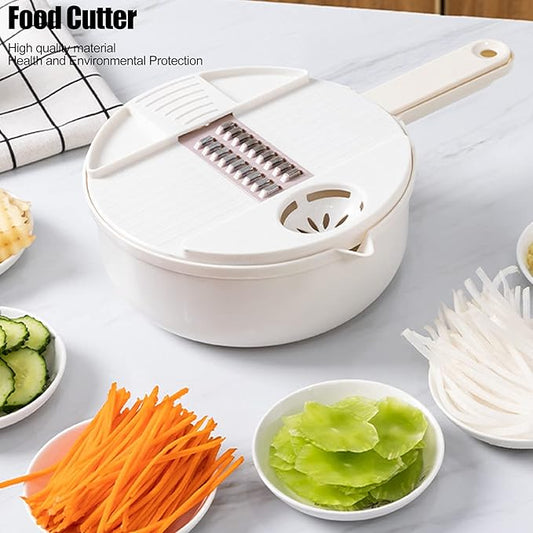 Fdit Multi Vegetable Cutter, 12 in 1 Manual Food Chopper with Hand Guard, Stainless Steel Blades, White, Kitchen Slicing Tool