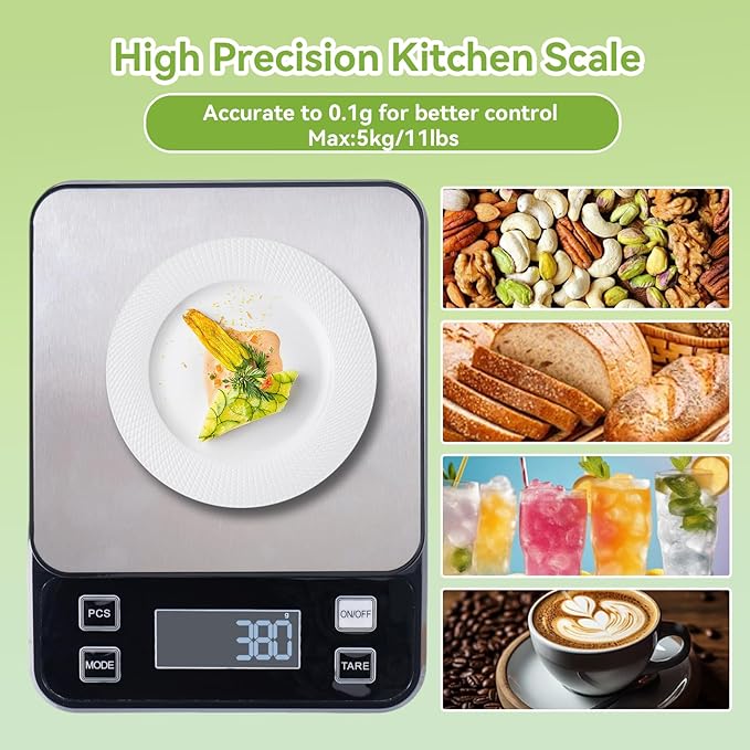 PTAZSCTC IP67 Waterproof Digital Kitchen Scale, 5kg/11lb Capacity with 0.1g Precision, Kitchen Scales for Food,USB Rechargeable Battery & 5 Units Conversion for Cooking, Baking - Food Scale