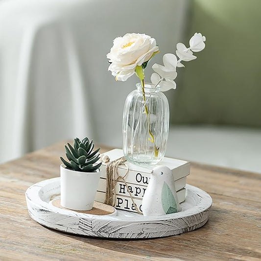 Hanobe Candle Plate Holder Tray: Round Wooden Decorative Candle Plate Small Farmhouse Table Centerpiece Rustic White Wood Tealight Pillar Trays for Home Decor