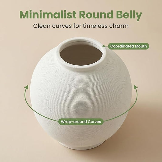 Large White Ceramic Flower Vase Home Decor, Round Rustic Table Vases Farmhouse Living Room Entrway Kitchen Bedroom Decorations,Minimalist Hand-Made Textured Vase (10.8” Sandstone White)