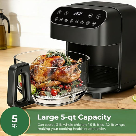 Havato 5 Quart Glass Air Fryer with Visible Window, Non-Toxic High Borosilicate Glass Basket (No Coating), Airfryer Oven with 8 Preset Modes, PTFE/PFSA Free, Dishwasher Safe, Black