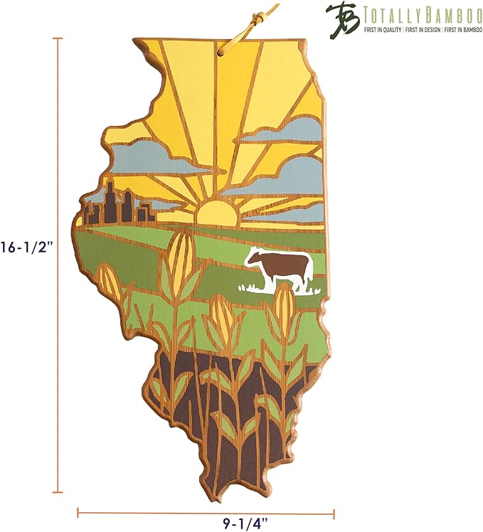 Totally Bamboo Illinois State Shaped Cutting Board and Charcuterie Serving Platter with Artwork by Summer Stokes, Includes Hang Tie for Wall Display